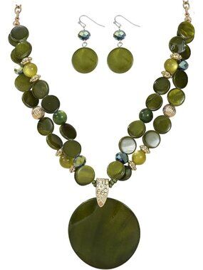 Women's Olive Green Layered Beads Statement Chunky Jewelry Necklace And Earring